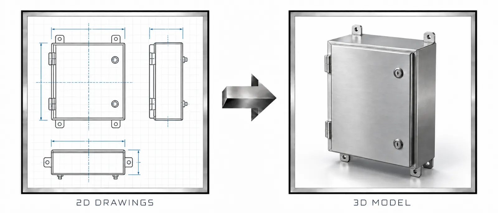 2D drawings of a hinged steel enclosure alongside the finished 3D model