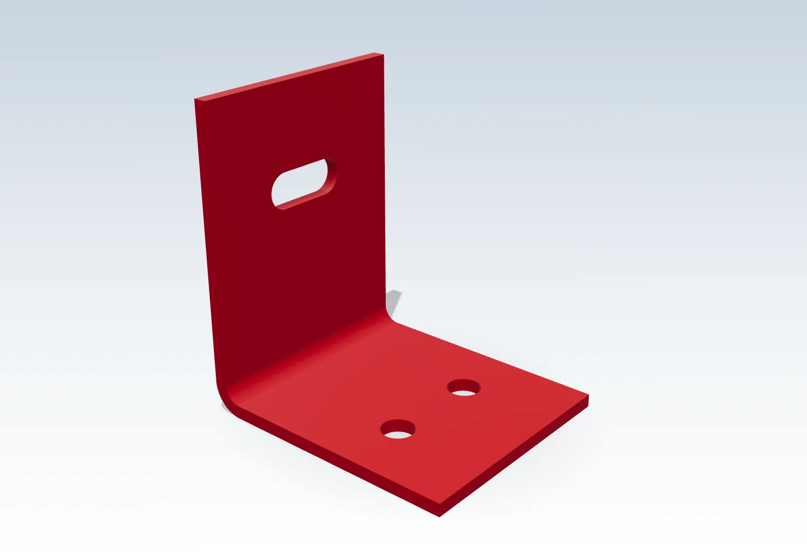 Render of a red powder-coated steel angle bracket with a slotted hole and two fixing holes