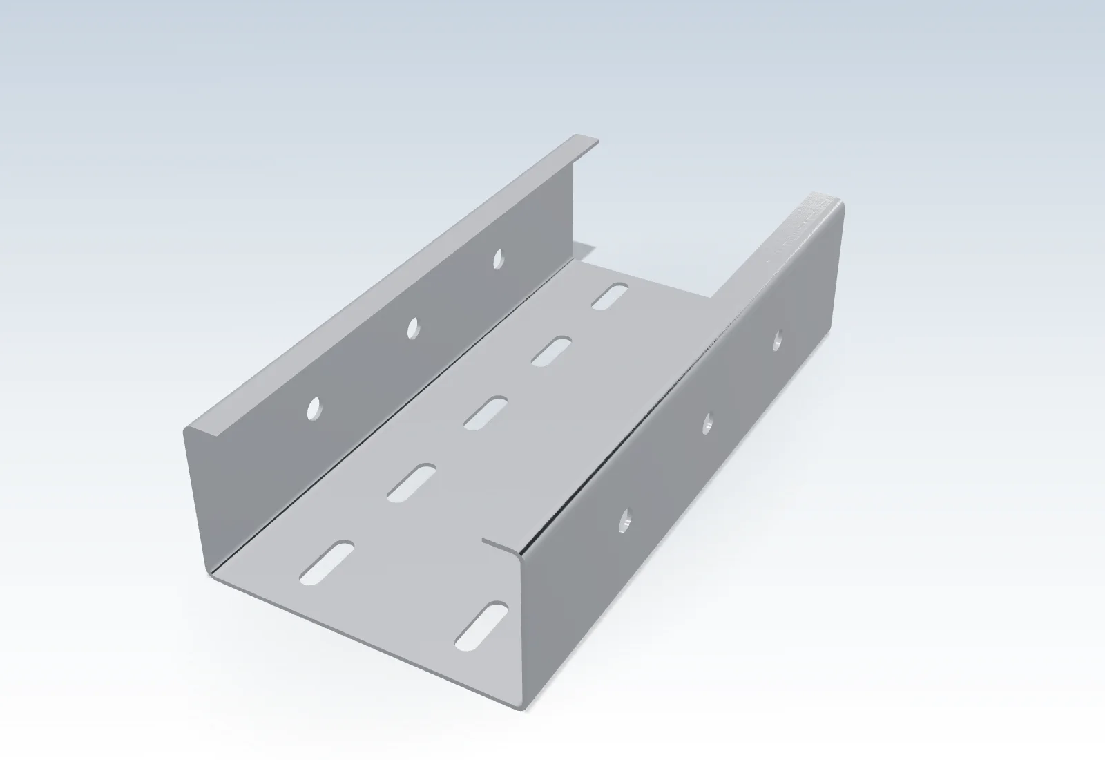 Render of a perforated cable tray section with slotted base and return lips