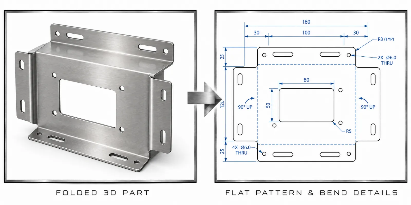 Folded 3D sheet-metal part next to its dimensioned flat pattern with bend details