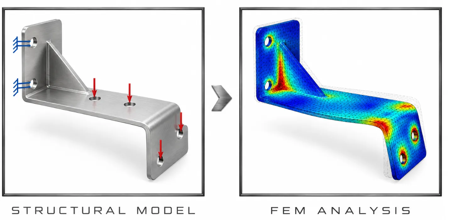 Structural model of a folded bracket with loads and supports, next to its FEM stress plot
